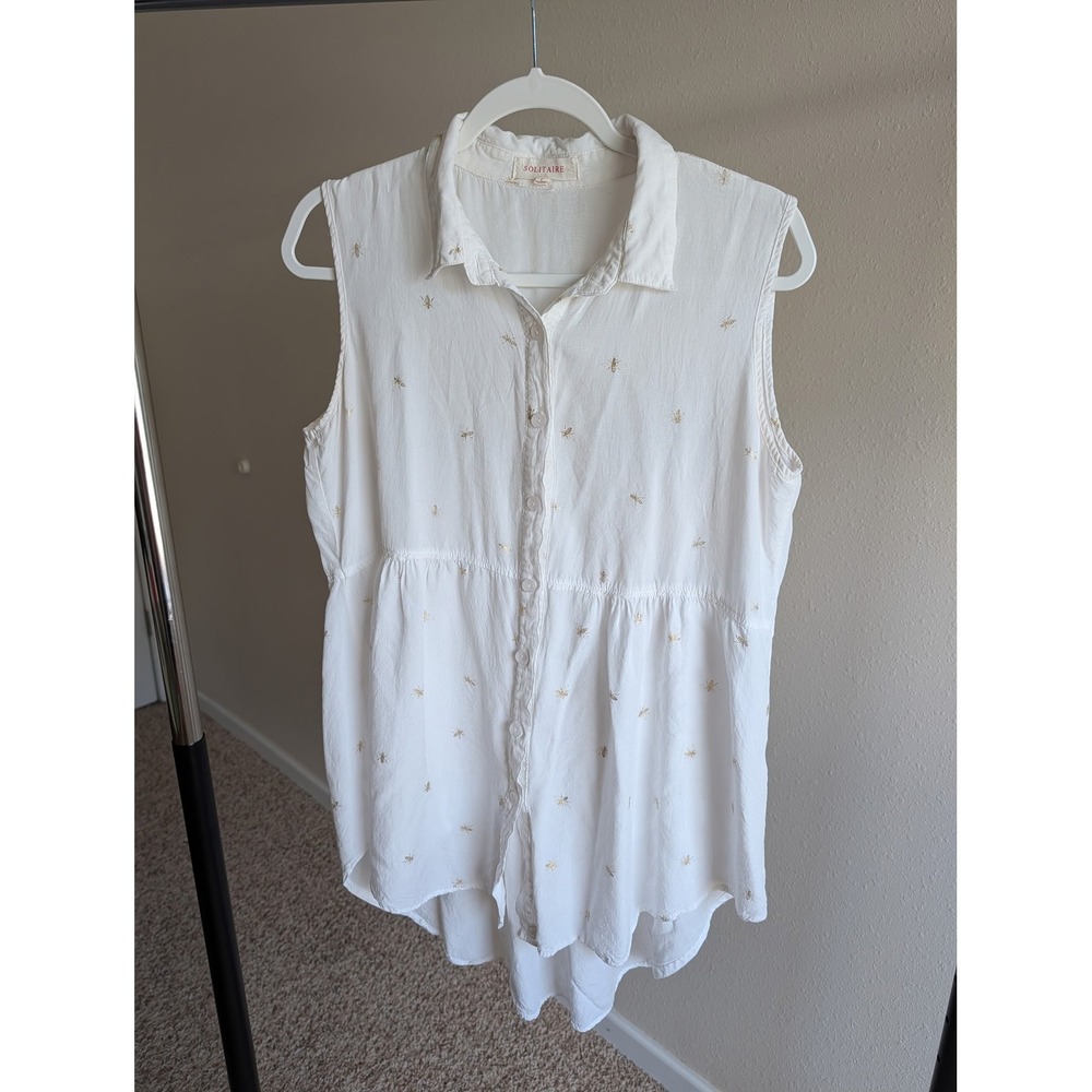 Solitaire Womens White Gold Bee Embroidered Sleeveless Tunic Top Large Rayon